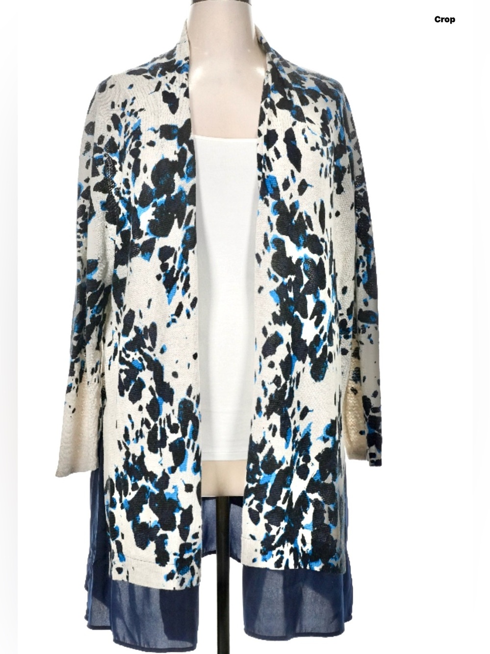 NIC+ZOE Open-Front Linen/Viscose Cardigan in Ivory, Black and Blue Print. 1 X